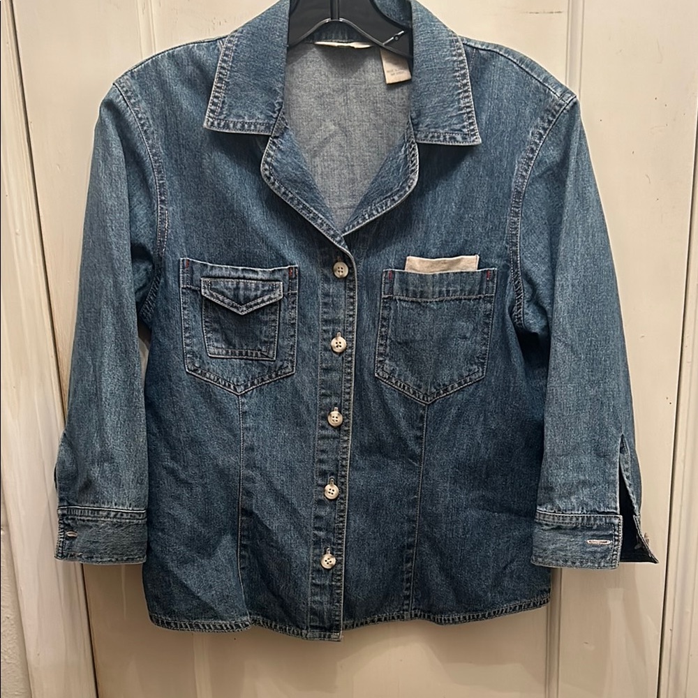 Denim Blue Women's button down shirt with cute pockets and 3/4 sleeves